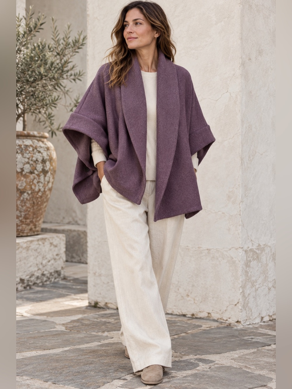 Chalet 100% Wool Lagenlook Draped Cape Cardigan Shawl Collar Purple L/XL USA